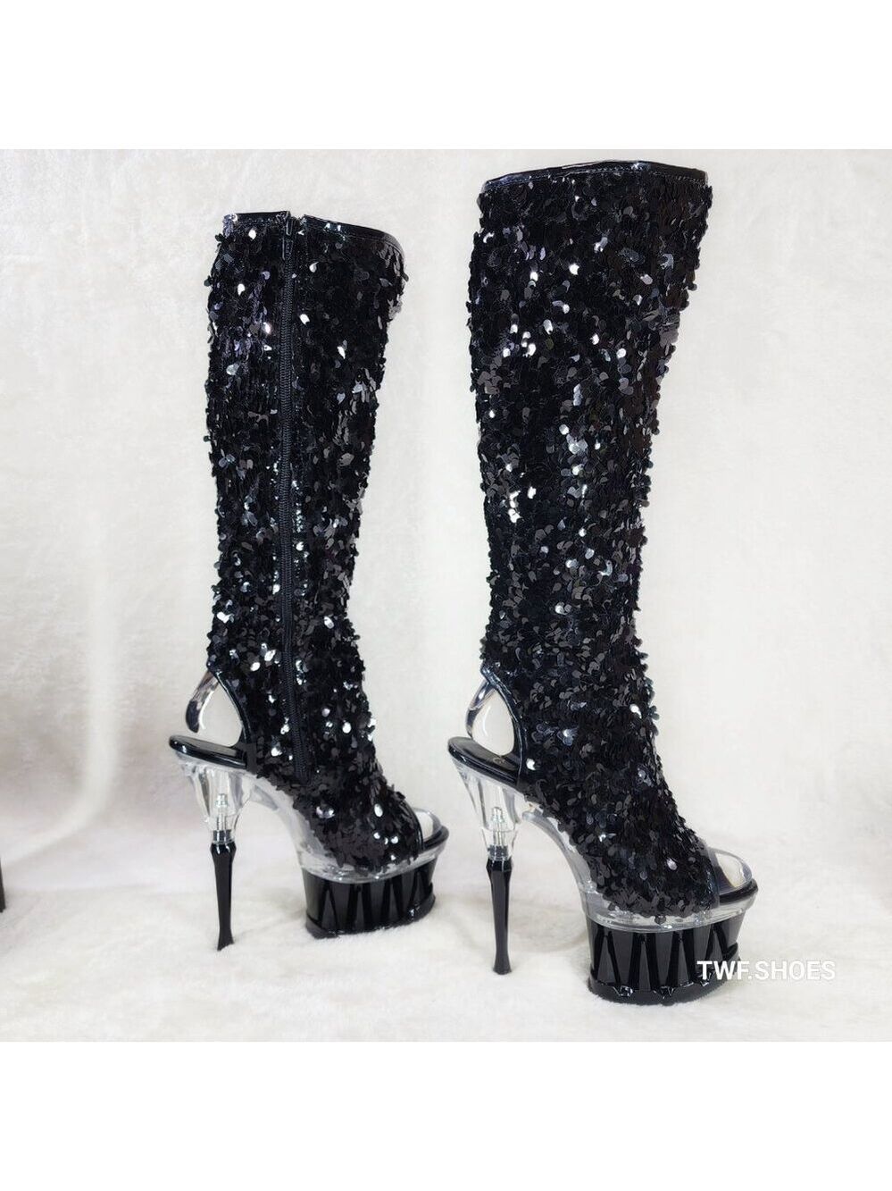 Pleaser Spiky Black Sequin Knee Boots Spiked Design Platform - Picture 5 of 12